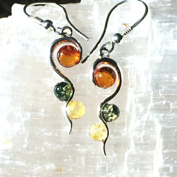 Genuine Baltic Amber Multicolor Earrings .925 Sterling Silver Swirl Design - Picture 5 of 13